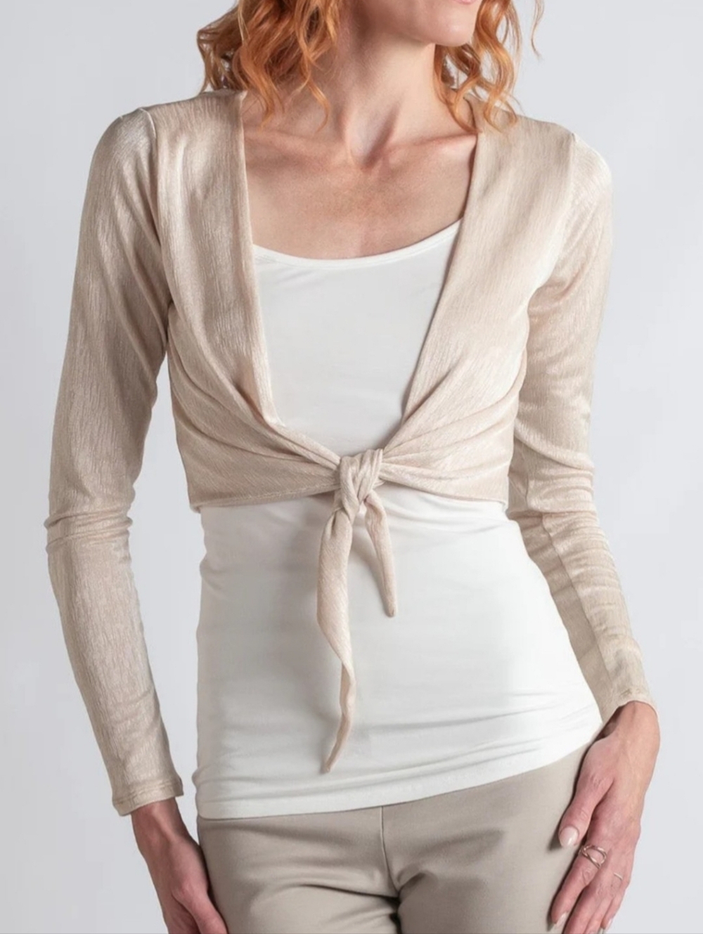 Revir Cardigan S Metallic Fabric Tie Front Gold Soft Glam Minimalist Crop Cardi